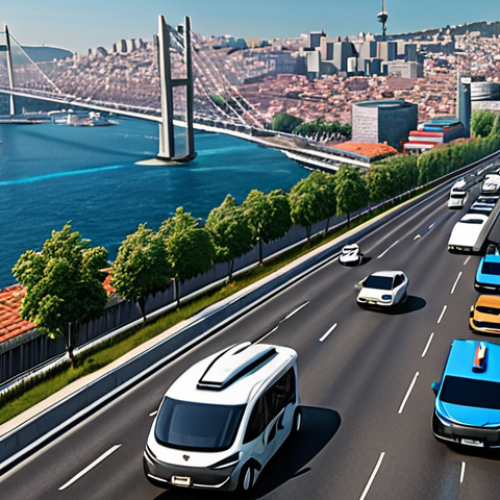 **

Prompt: Futuristic cityscape with autonomous delivery drones flying between skyscrapers, electric self-driving trucks on the roads, and people using shared autonomous vehicles. Incorporate elements of a bustling, modern Turkish city like Istanbul, with the Bosphorus bridge subtly visible in the background. Focus on the efficiency and technological advancement of logistics and transportation.

**