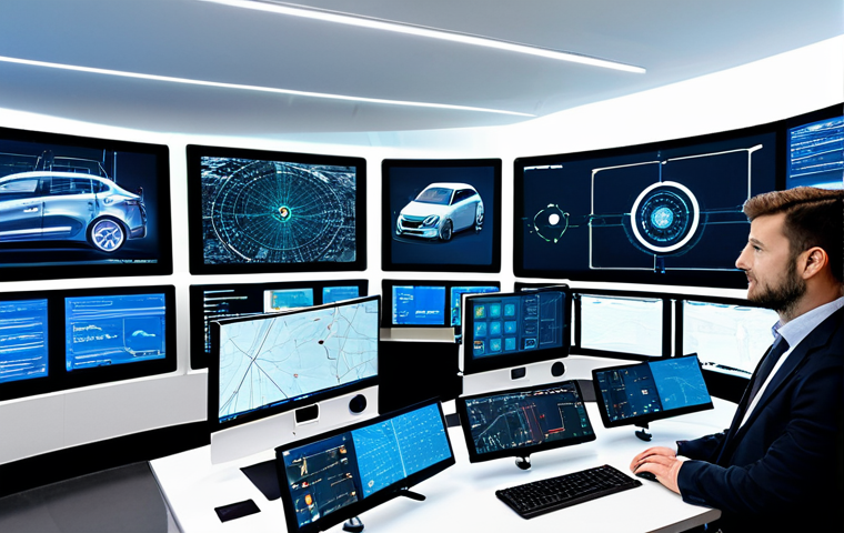 A team of professional software engineers, data analysts, and robotics specialists, diverse in background, collaborating in a futuristic autonomous vehicle development center. They are gathered around large interactive screens displaying complex algorithms, sensor data, and virtual simulations of self-driving cars. All individuals are fully clothed in modest, contemporary business casual and professional attire. The environment is sleek, well-lit, and depicts cutting-edge technology. Perfect anatomy, correct proportions, natural poses, well-formed hands, proper finger count, natural body proportions, professional photography, high quality, safe for work, appropriate content, fully clothed, professional.